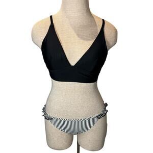 Aerie Black Triangle Bikini Top and Black Striped Bikini Bottom Small NWT